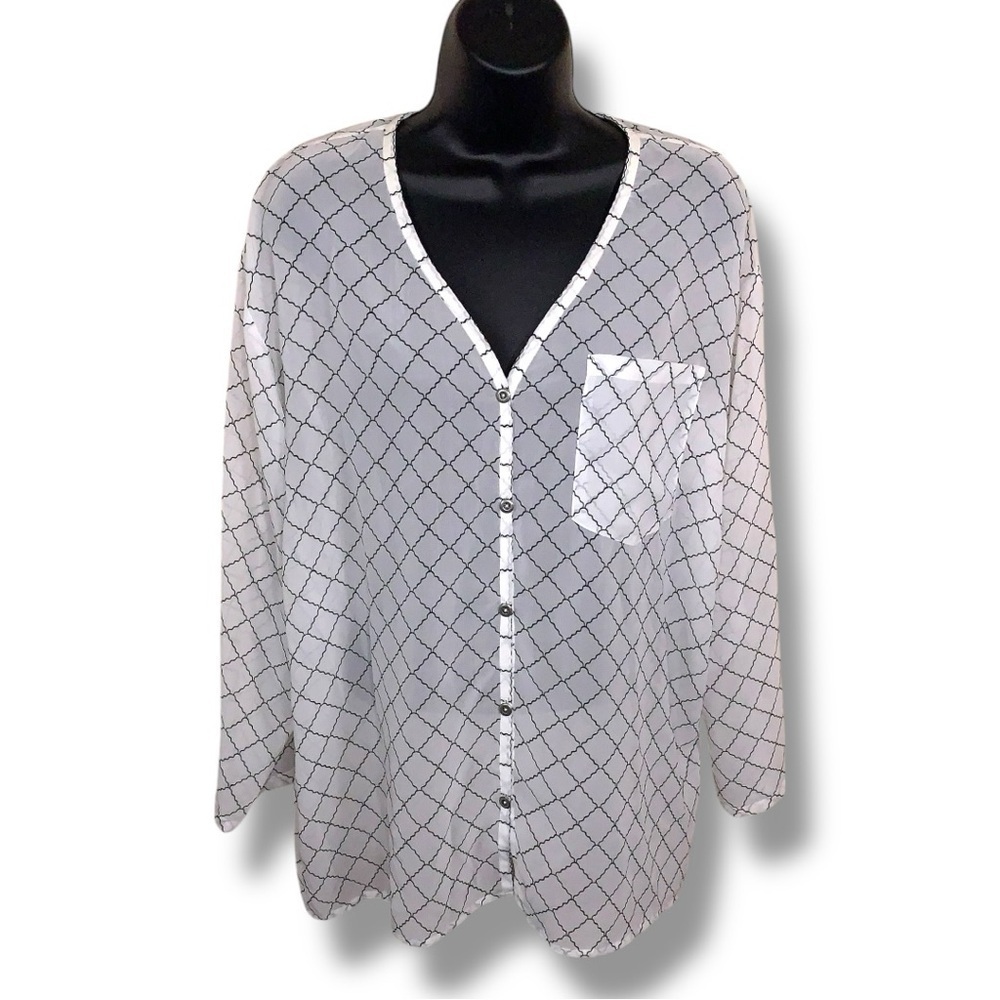 Small Cabi White Black Blouse Semi Sheer Vneck Long Sleeve Geometric Print